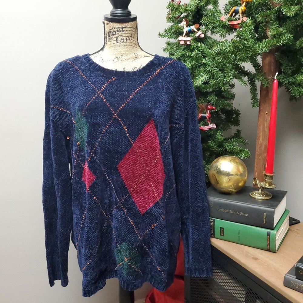 Vintage CAPACITY Womens Navy Chenille Argyle Pullover Crewneck Sweater